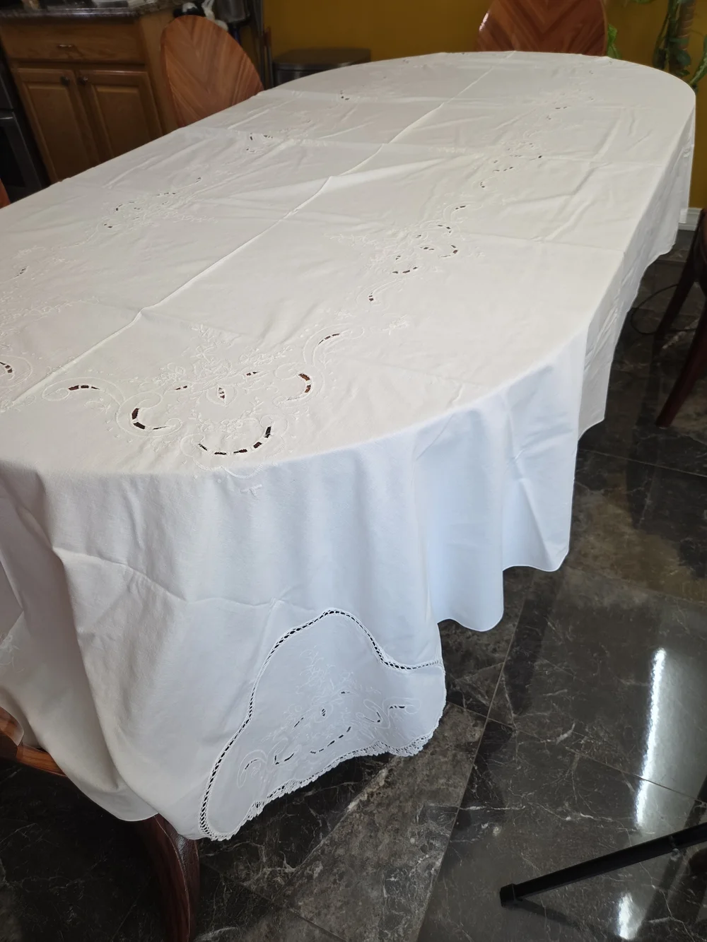 VTG Handmade White Cotton Rectangular Cutwork Embroidered  Tablecloth 230x64
